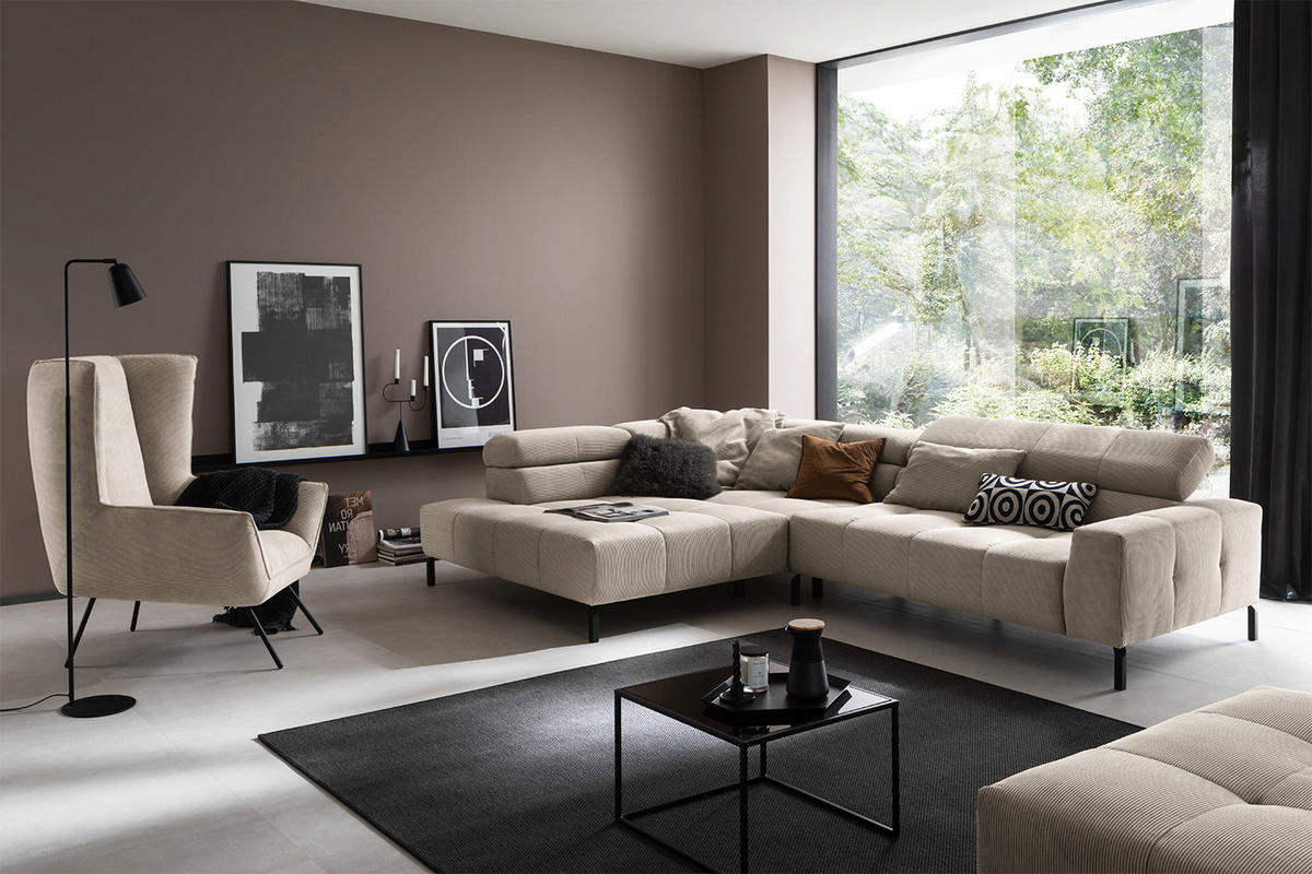 ECKSOFA MIT MOTORISCHEM SITZVORZUG OHIO Beige Cord - Beige/Schwarz, Textil/Metall (311/219cm) - KAWOLA