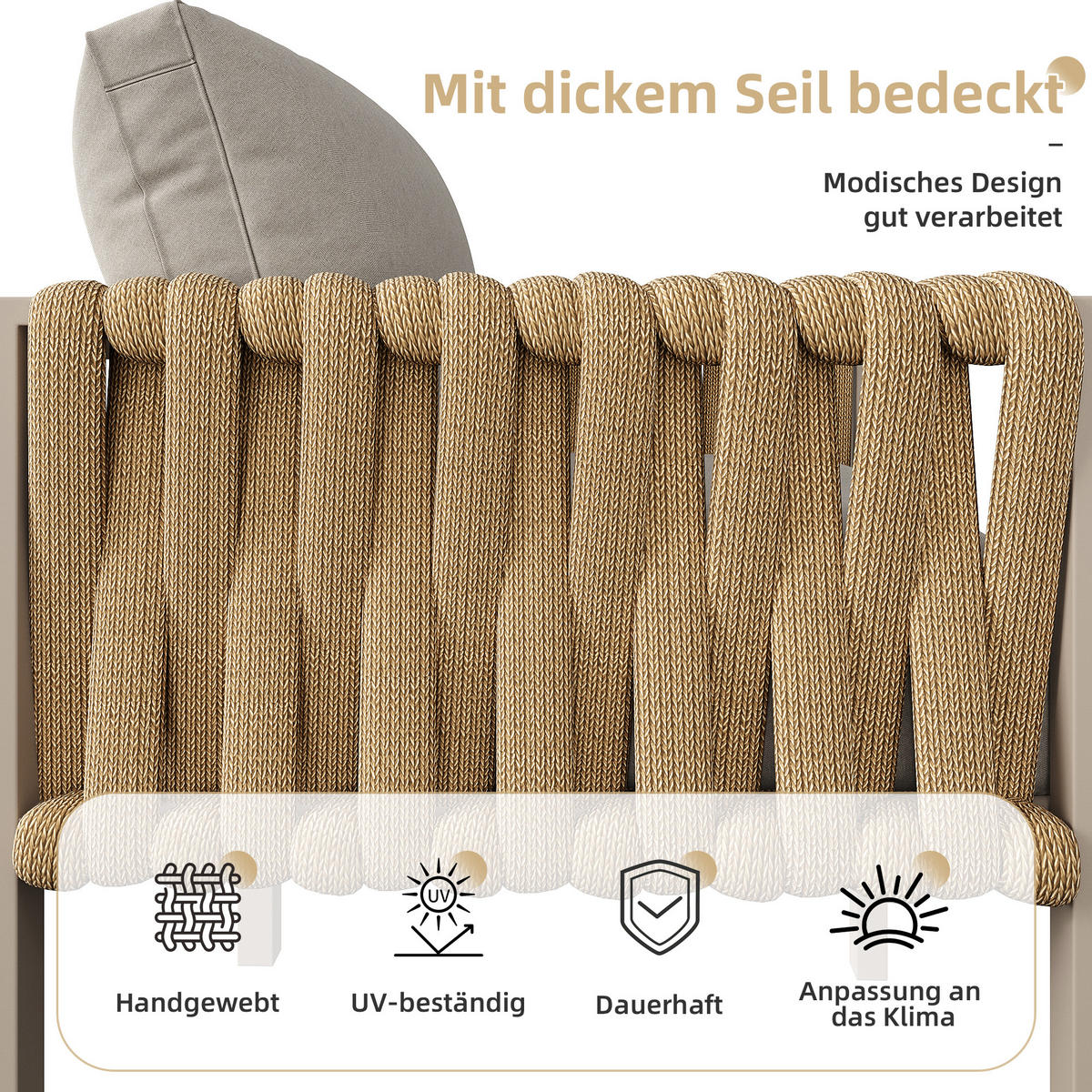 GARTENSET Eck Beige Seil Mit Verstellbaren Füßen & Glastisch - Beige, Metall - FLIEKS