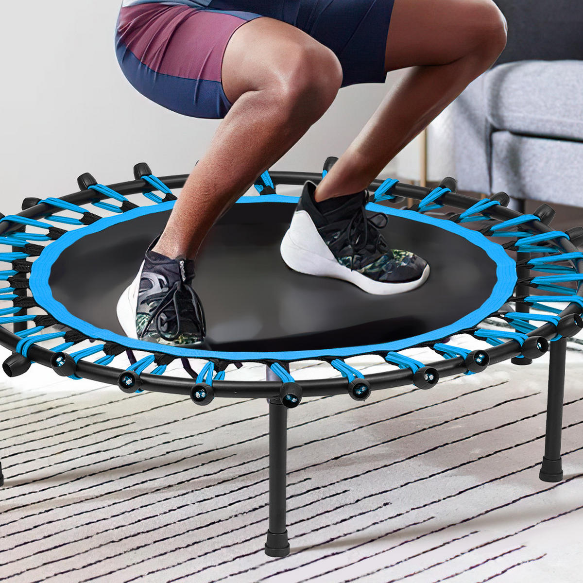 40-ZOLL-RUNDTRAMPOLIN mit Gummiseilen aus Stahl, Oxford-Gewebe, Gummiseile in Schwarz Blau Langlebig und sicher Stabil und leise 25 x 101 x 101cm - Blau, Metall (101/101cm) - Livingandhome