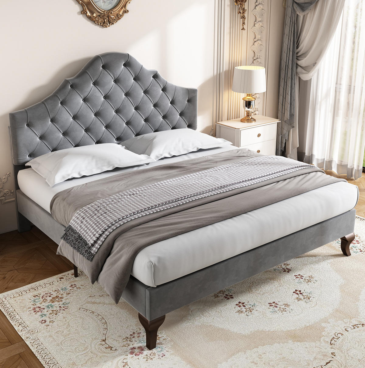 POLSTERBETT 140/200 cm mit Lattenrost und gepolstertem Kopfteil aus Samt, Grau - Grau, Textil (140/200cm) - Redom