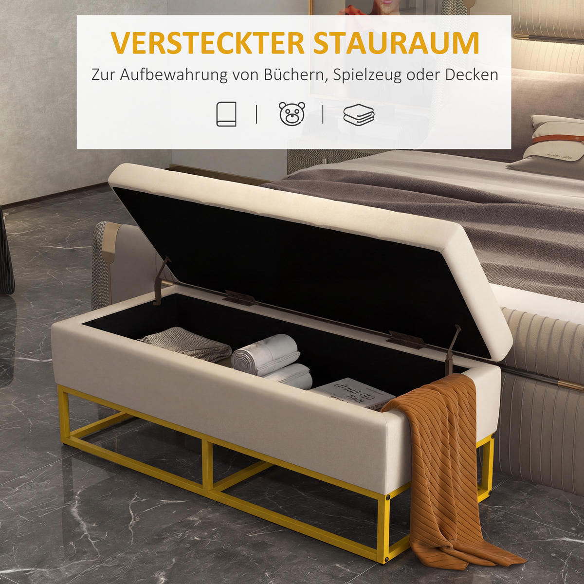 TRUHENBANKDE-07210 mit Knopfheftung und Flanelloptik Goldbeine - Beige, Metall (44/49/110cm) - ComfortXL