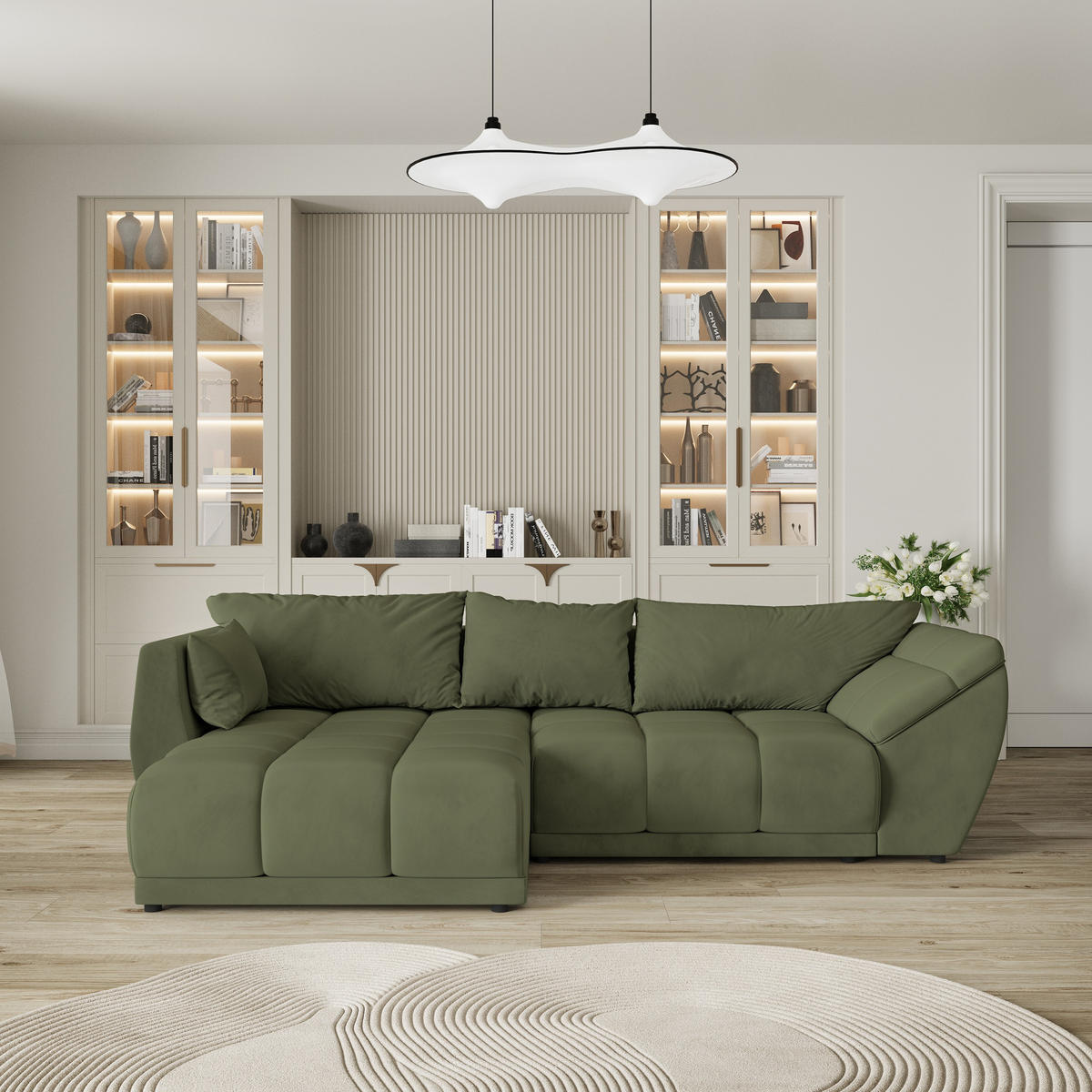ECKSOFA ORENTI L-S Grün Velours-Stoff mit Schlaffunktion - Grün, Holz (287/182cm) - MASSENO