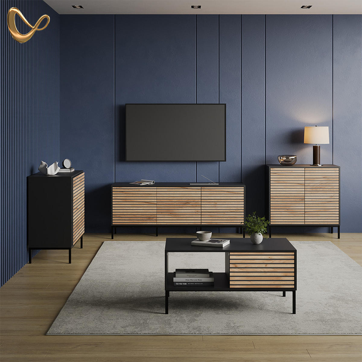 LOWBOARD Aterno Goldkraft Eiche/Anthrazit 150 x 60 cm mit 3 Schubladen - Honigeiche/Anthrazit, Holzwerkstoff (150/60/40cm) - Livinity®