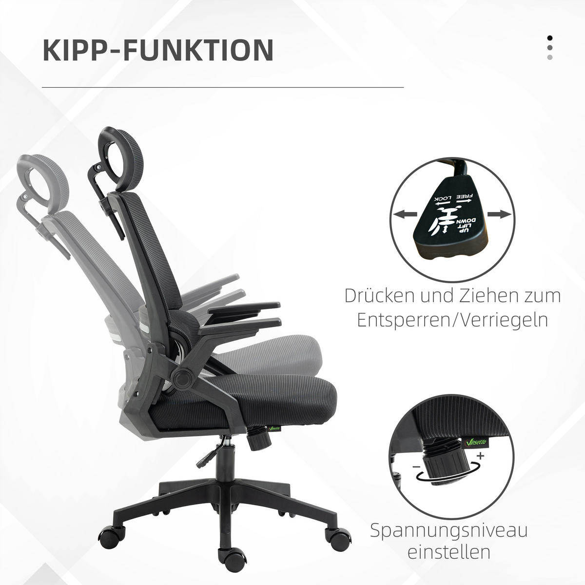 BÜROSTUHL, Ergonomisch, Mesh, Schwarz - Schwarz, Textil (61/119/60cm) - Vinsetto