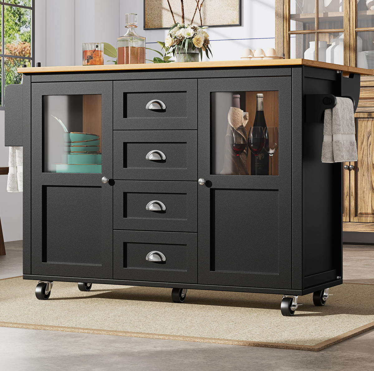 KÜCHENINSEL 137,9/73/92,5 cm aus MDF und Metall mit Klapptisch und Rollen Schwarz - Schwarz, Holzwerkstoff (137.9/92.5/73cm) - Modenvie