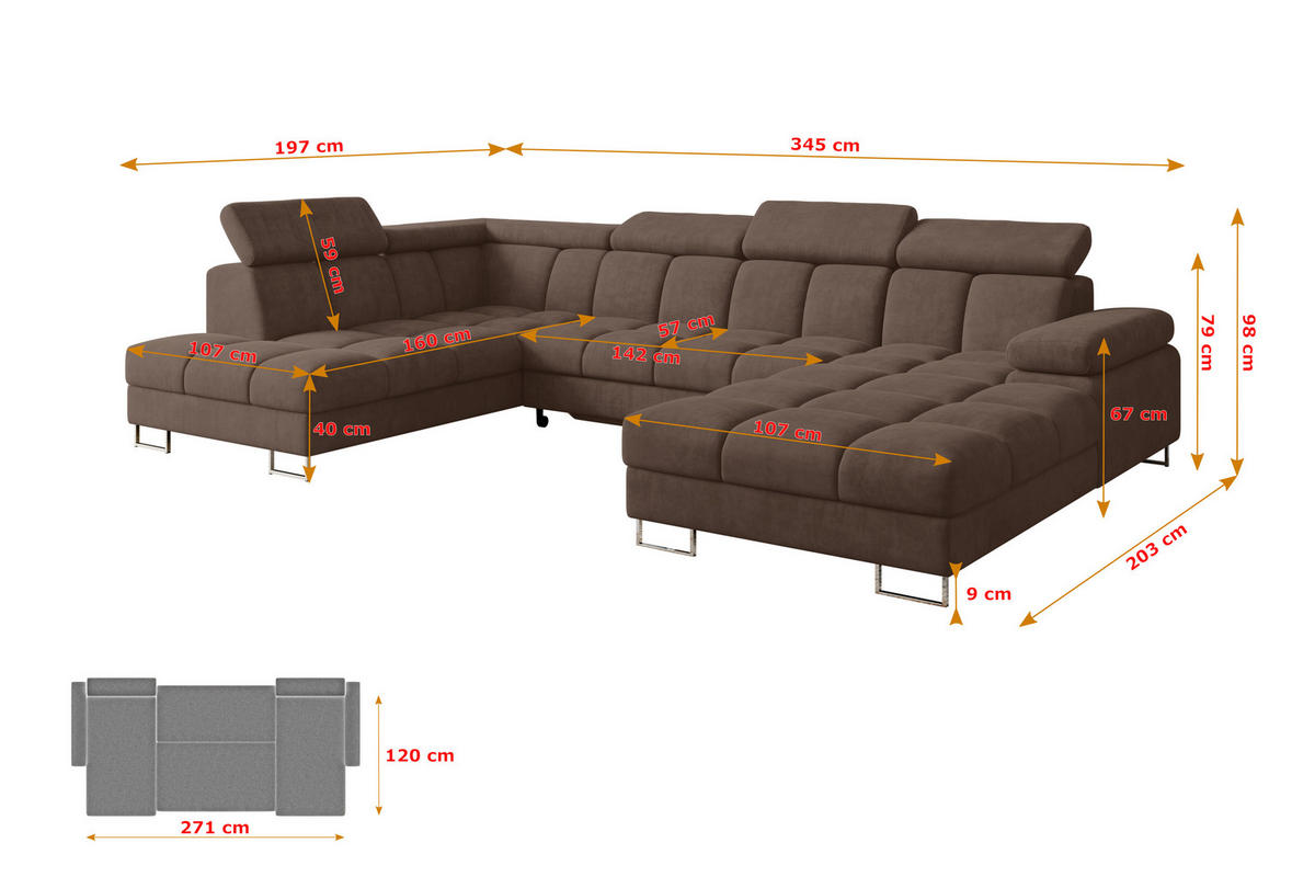 WOHNLANDSCHAFT mit Schlaffunktion und Bettkasten Ottomane Links COMA U 345x203x79 Braun Velours - Braun, Holzwerkstoff/Textil (345/79/203cm) - ALTDECOR