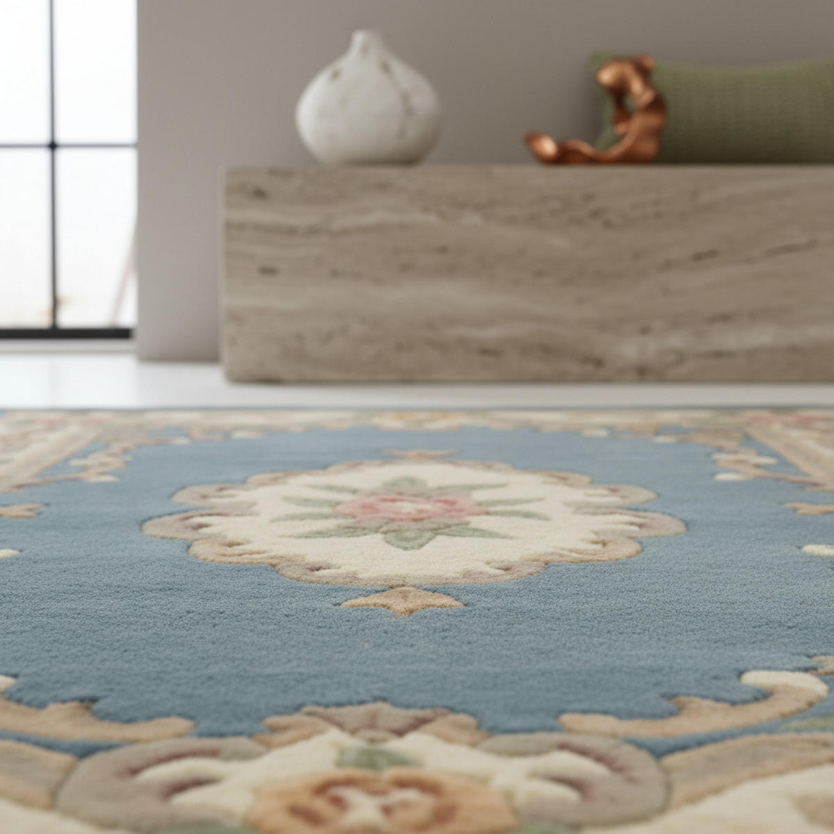 WOLLTEPPICH Aubusson-Muster handgeknüpft BEAULY, Blau-Beige 120x180 cm - Blau, Textil (120/180cm) - KADIMA DESIGN