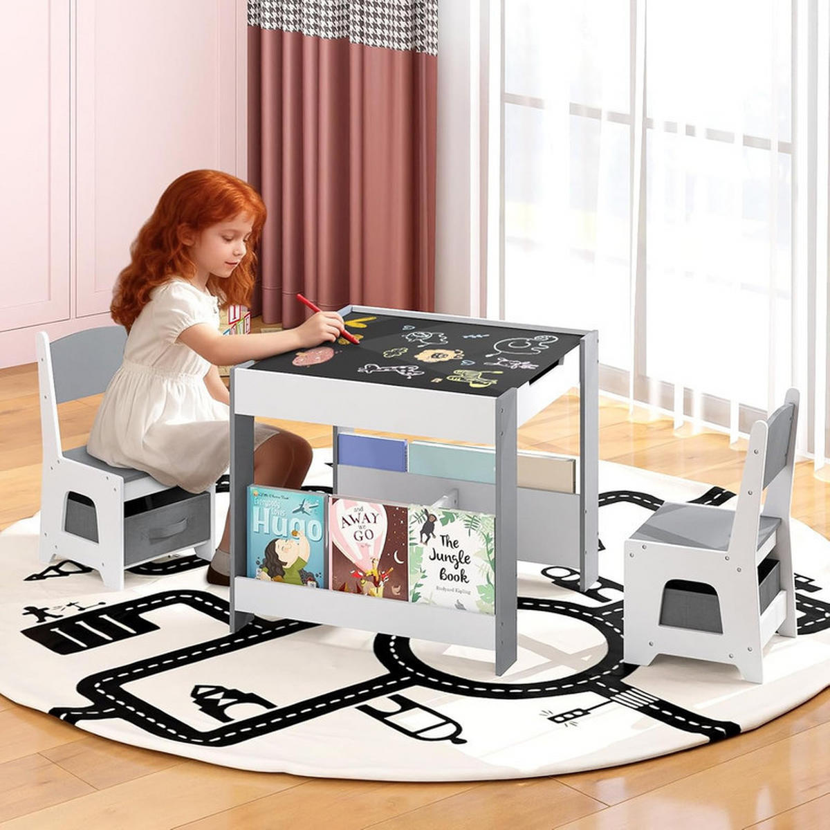 KINDERTISCH mit Stuhl hellgrau(3-tlg) - Hellgrau, Holzwerkstoff (62/56.5/62cm) - COSTWAY