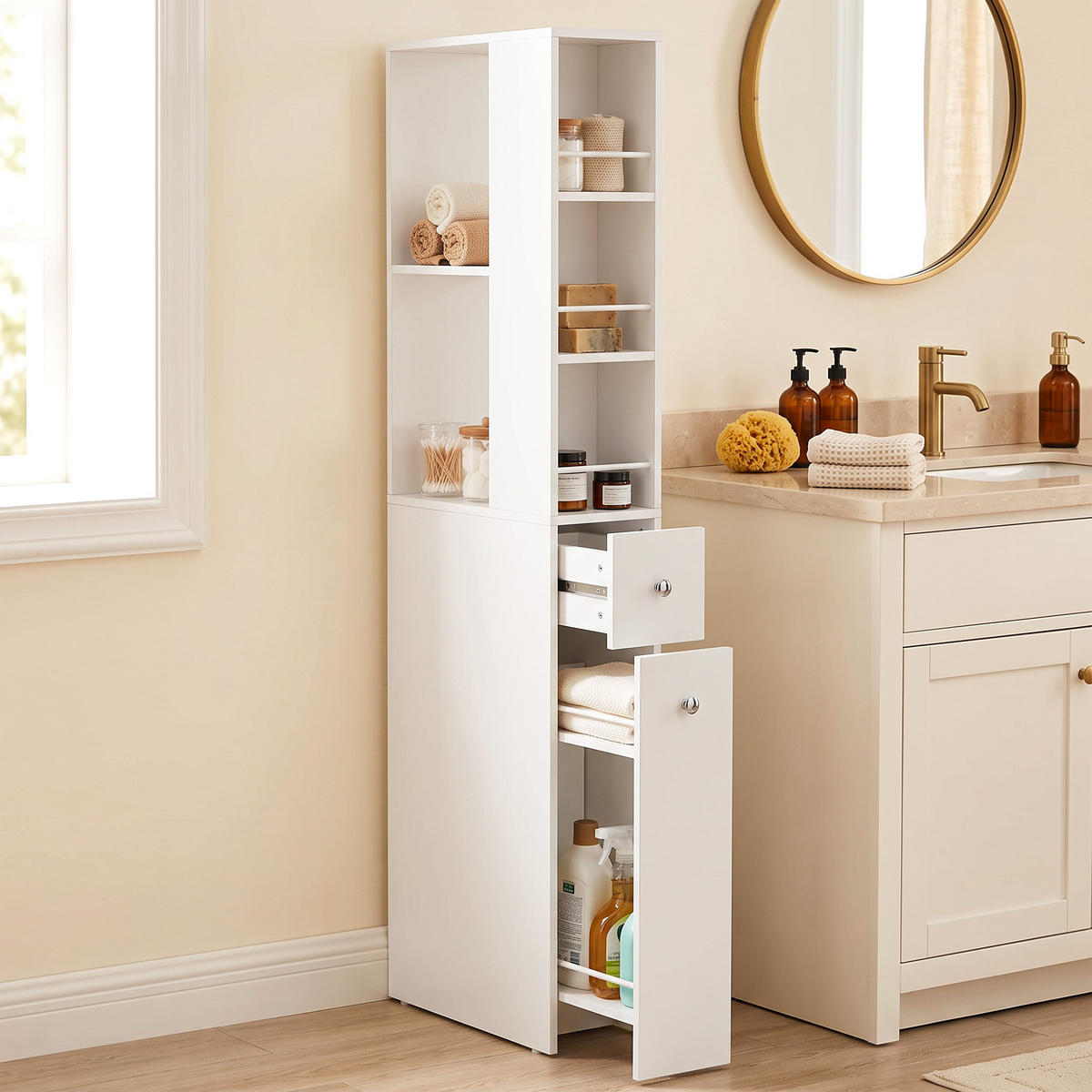 BADEZIMMERSCHRANK MDF Weiß - Silberfarben/Weiß, Holzwerkstoff/Metall (18/135/40cm) - HOMCOM