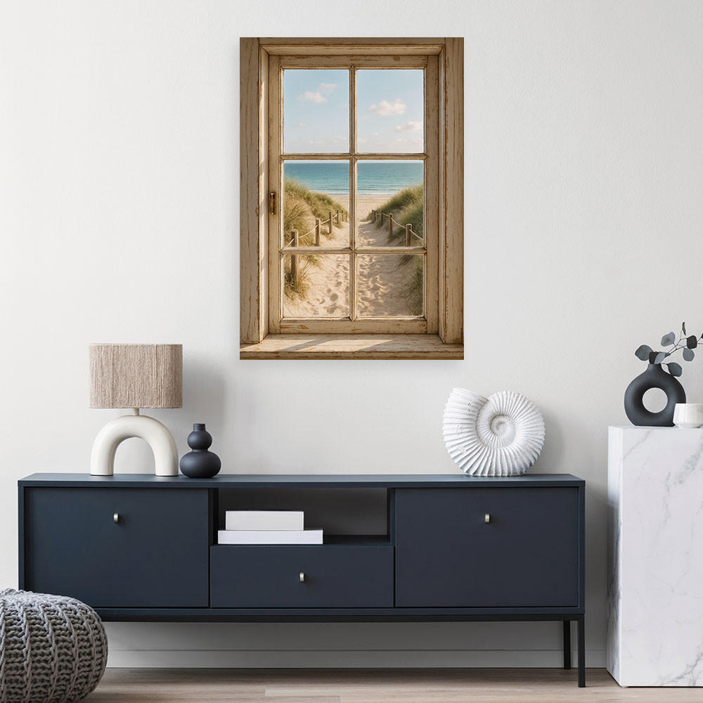 LEINWANDBILD Shabby Chic Blick aus einem Fenster auf den Strand 40x60cm - Beige, Textil (40/60cm) - Feeby