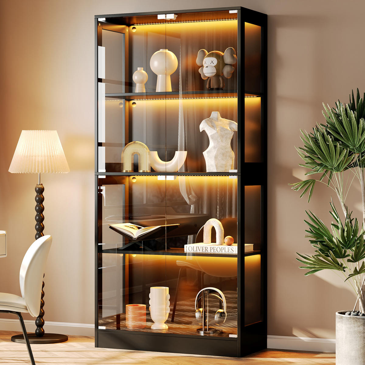 VITRINE mit LED-Beleuchtung, 4 Ebenen, Glasfront, Push-to-Open Türen 80/35/170 cm - Transparent/Schwarz, Glas/Holzwerkstoff (80/170/35cm) - EVRYAE