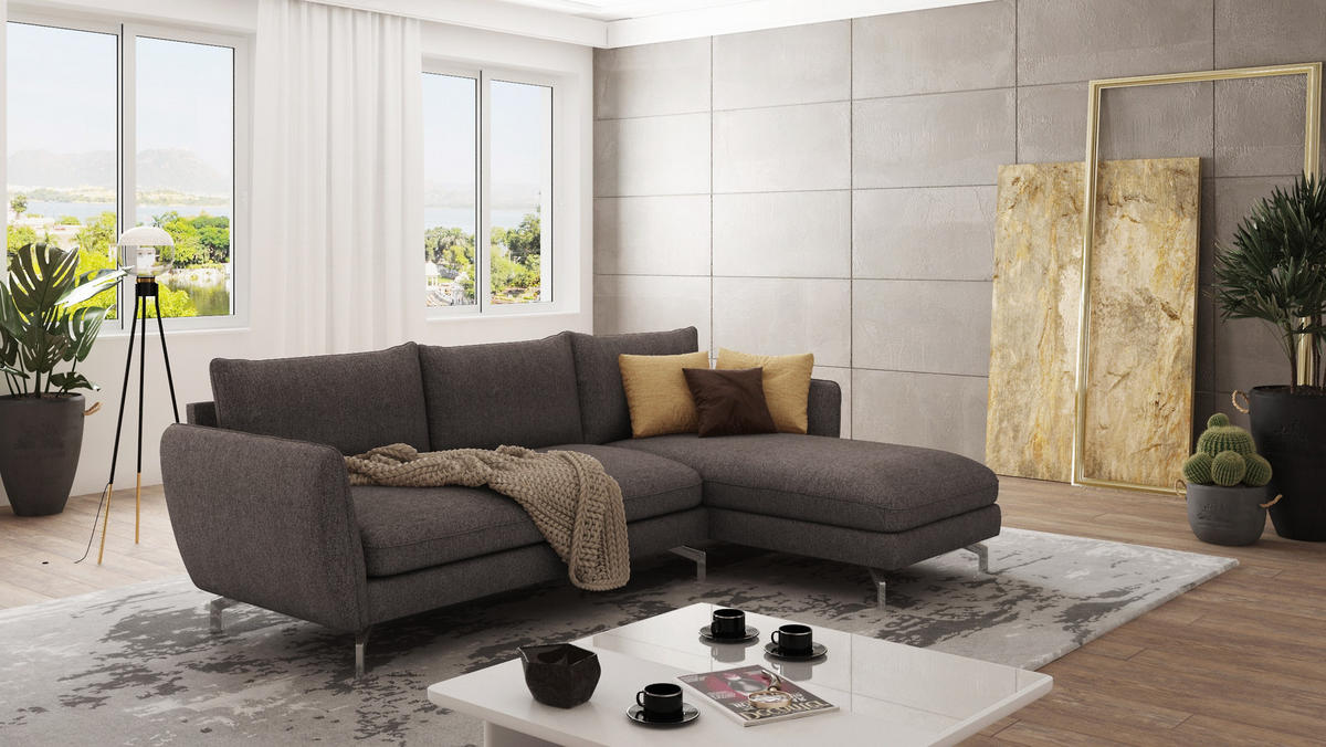 ECKSOFA Elou Braun - Khaki Microfaser - Chromfarben/Dunkelbraun, Holz/Textil (261/167cm) - S-Style Möbel