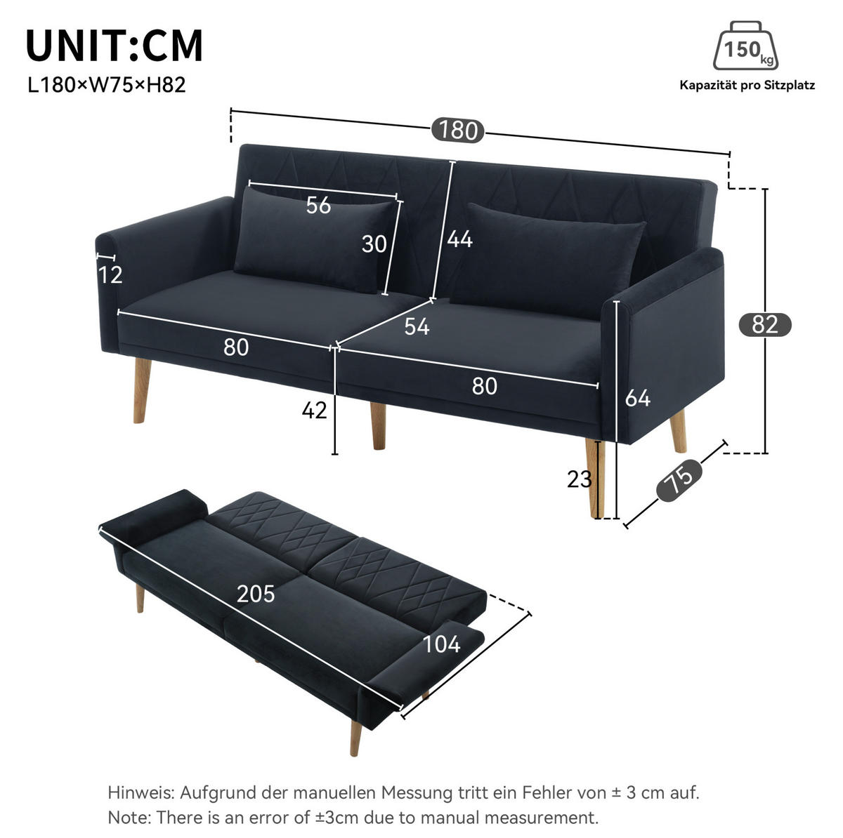 SCHLAFSOFA 180/75/82 cm in Schwarz – mit Samtbezug und verstellbarer Rückenlehne - Schwarz, Textil (180/82/75cm) - BEAOK