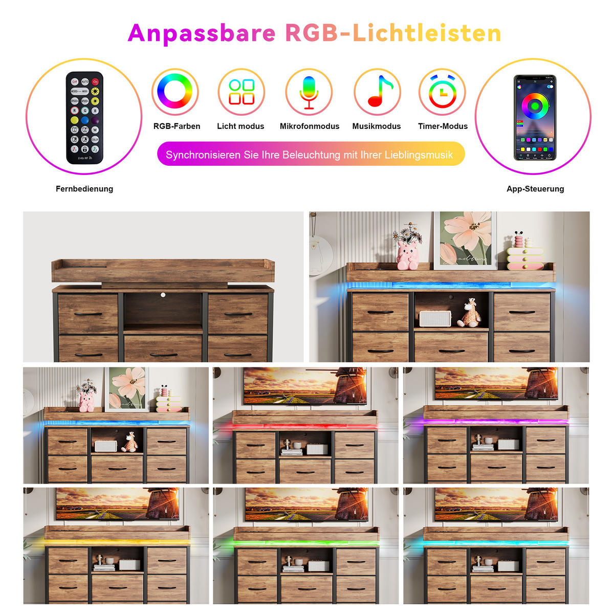 KOMMODE 8 Schubladen Holzoptik, RGB-LED, USB, Kippschutz - Multicolor, Holz (30/82/108cm) - SHOPENTRA