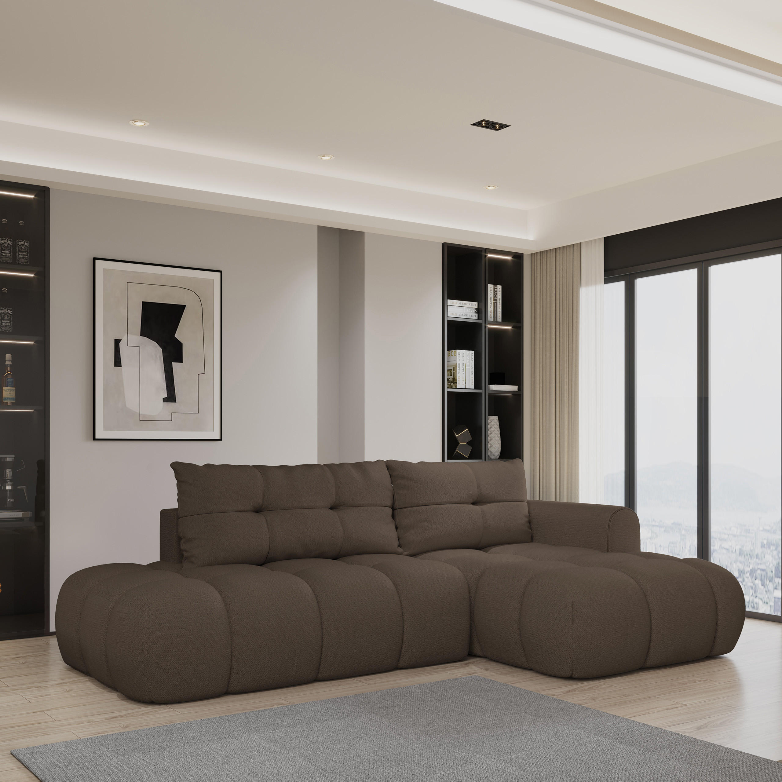 ECKSOFA FLUMA R-S Braun Geflochtener Stoff mit Schlaffunktion - Braun, Holz (274/165cm) - MASSENO