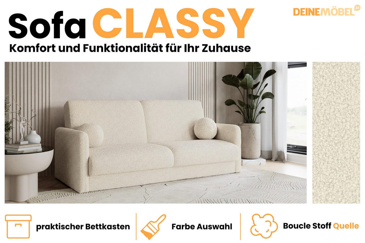 SOFA CLASSY 214cm breit in Boucle Ecru - Ecru, Holz/Holzwerkstoff (214/93/100cm) - Deine Möbel 24