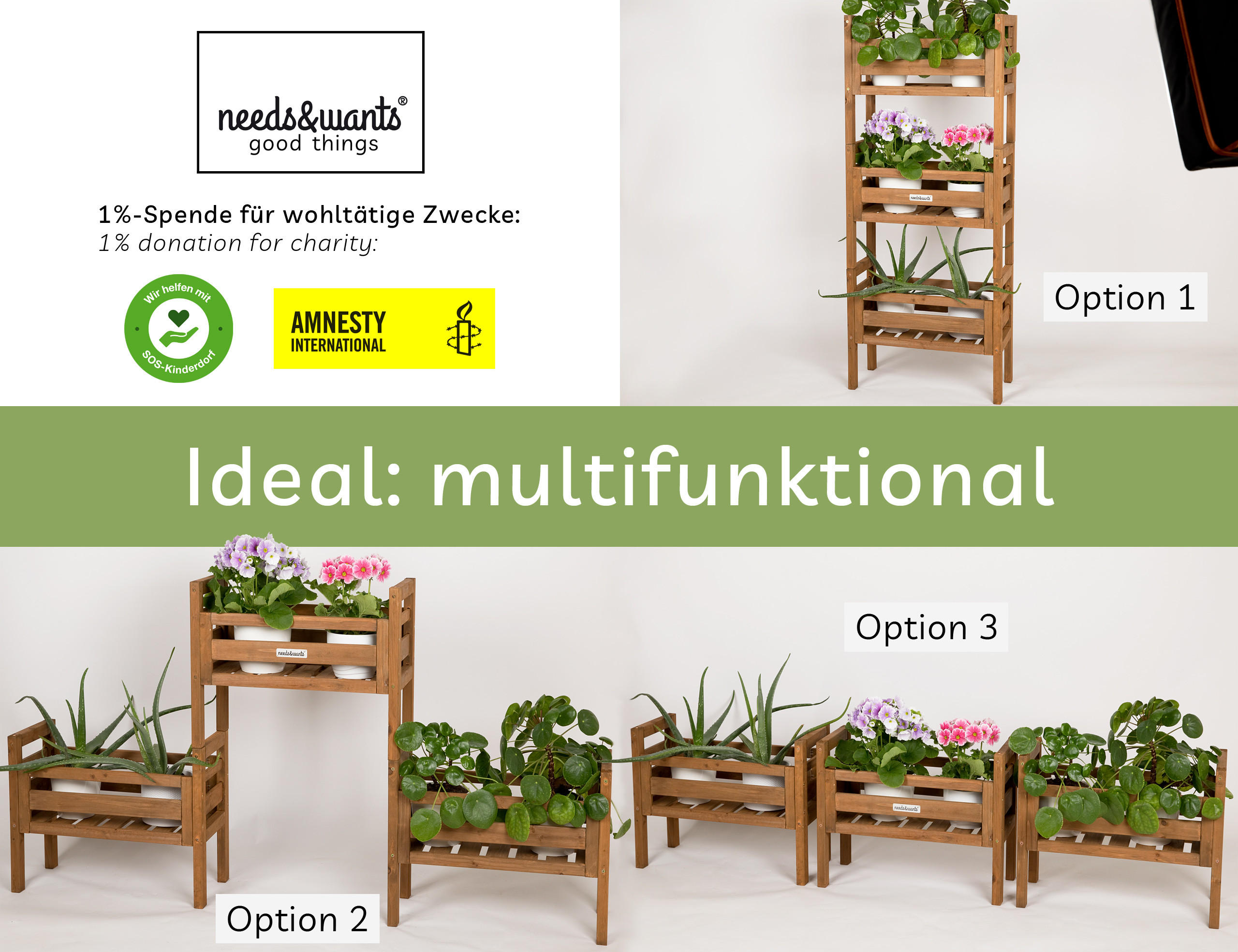 PFLANZENSTÄNDER multifunktional 3-fach, aus Holz wetterfest für Indoor & Outdoor - Braun, Holz (122/51/23cm) - needs&wants