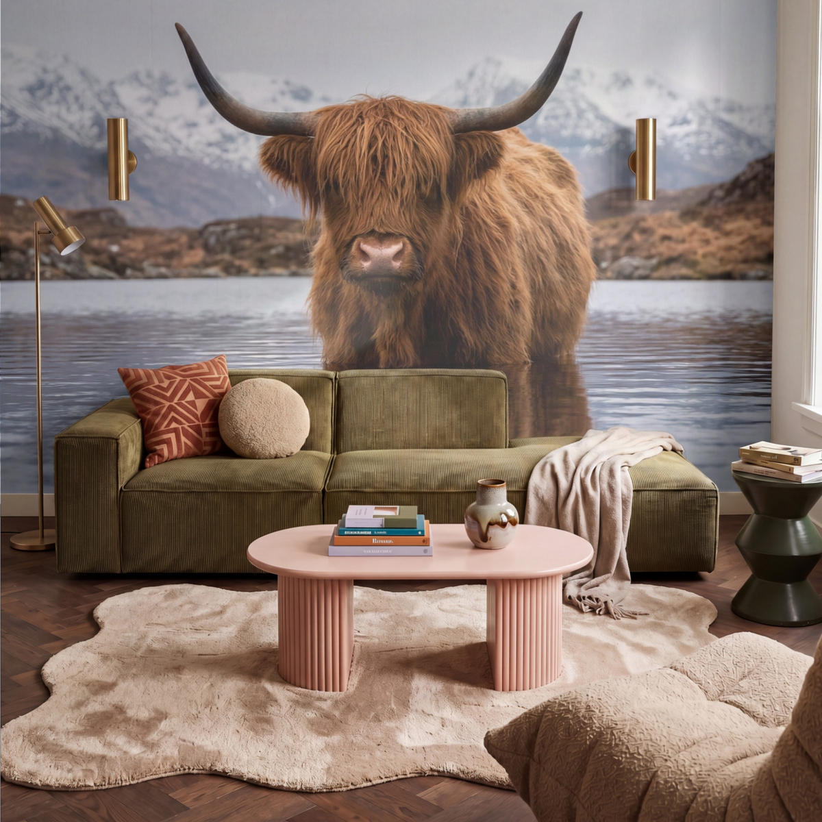 TAPETE - Schottischer Hochländer - Braun - Wasser - 350x240 cm - Braun, Papier (350/240cm) - OnlyWow