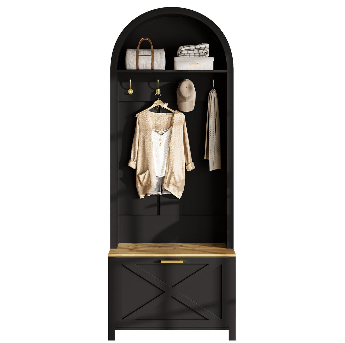 GARDEROBENSCHRANK 75/35/195 cm aus MDF mit Schuhfach und Haken Schwarz/Holzfarben - Schwarz, Holzwerkstoff (35/195/75cm) - Modenvie