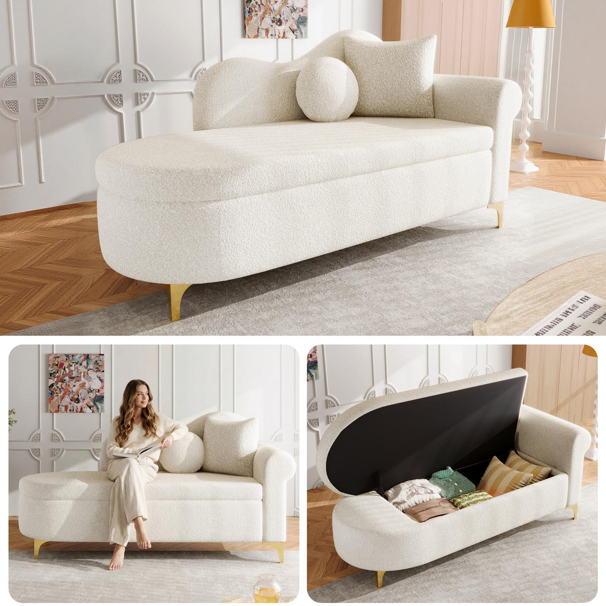 CHAISELONGUE mit Stauraum 134 cm, Teddyplüsch Stoff, modernes Design, ergonomische Rückenlehne, inkl. Lenden- & Nackenkissen - Beige, Textil (64/70/134cm) - Ej. Life