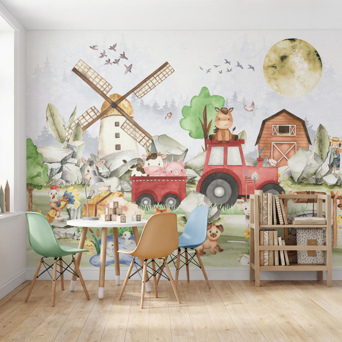 KINDERTAPETE - Bauernhof - Traktor - Kinder - Tiere - 350x260 cm - Weiß, Papier (350/260cm) - OnlyWow