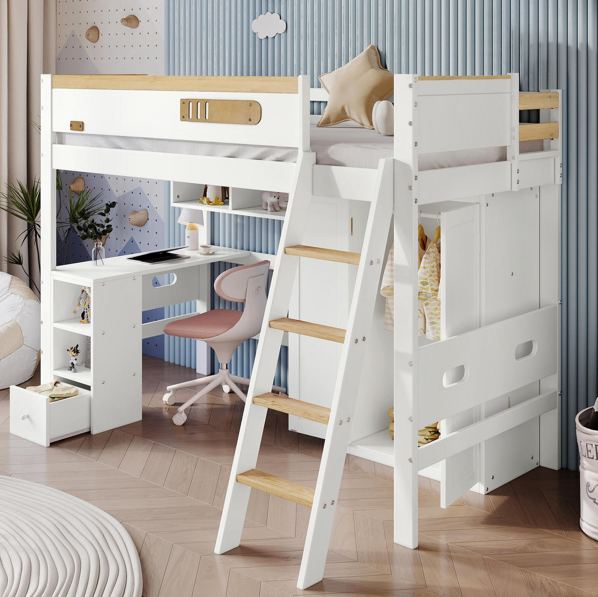 ETAGENBETT 90/200 cm aus Kiefer und MDF mit Schreibtisch und Kleiderschrank Weiß/Natur - Weiß, Holz (90/200cm) - Modenvie
