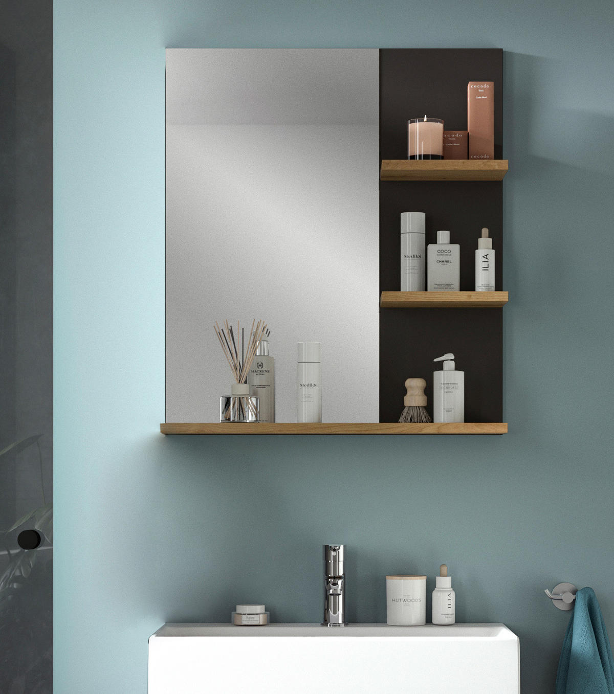 BADSPIEGEL Eiche, grau 63 cm, Wandspiegel mit Ablagen - Eiche Artisan/Grau, Glas/Holzwerkstoff (63/73/16cm) - Inn.Furn