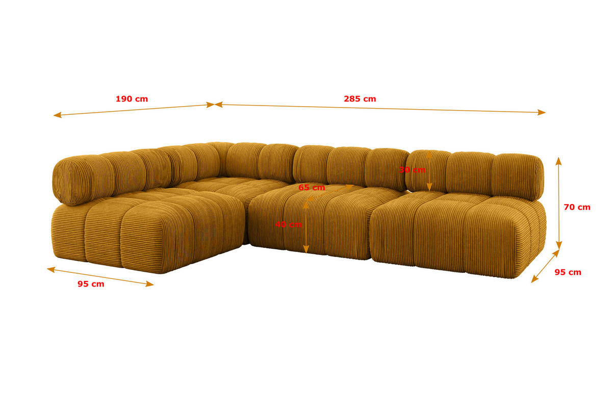ECKSOFA modulares Sofa Samaro-L2 - 285x190x70 cm Senfgelb Cord - Currygelb, Holzwerkstoff/Textil (285/190cm) - ALTDECOR