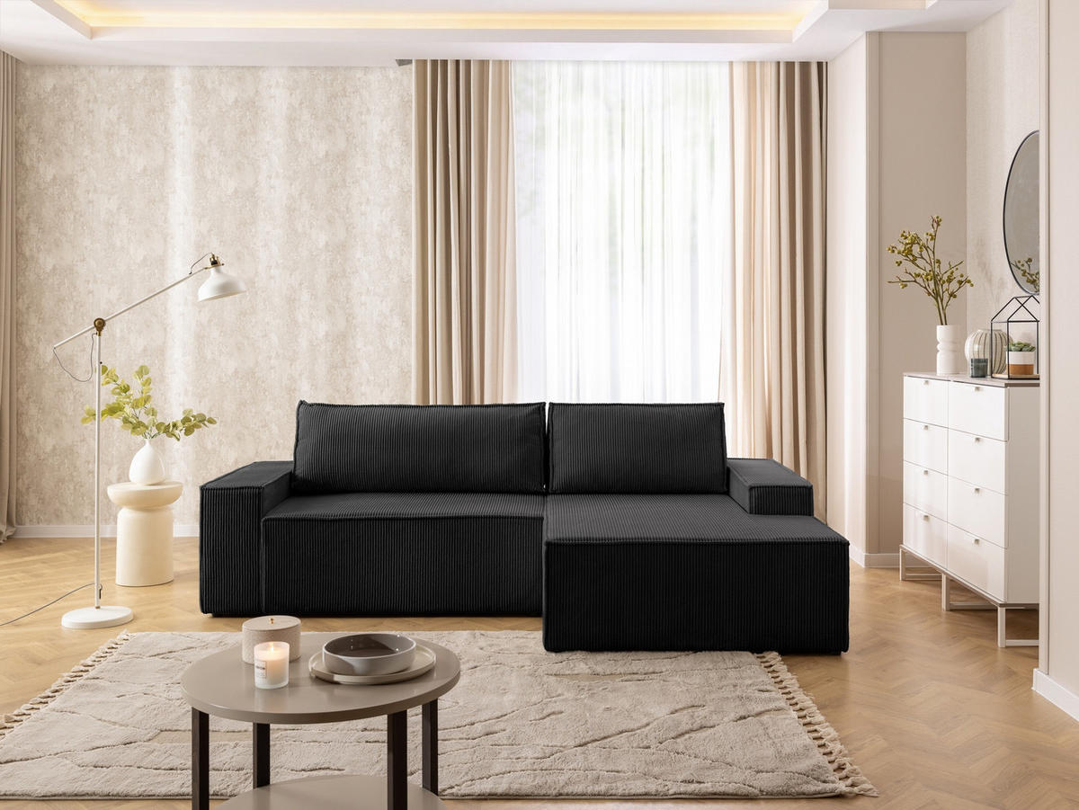 ECKSOFA Rivio mit Schlaffunktion und Bettkasten, Cordstoff Schwarz - Schwarz, Holz/Kunststoff (262/149cm) - S-Style