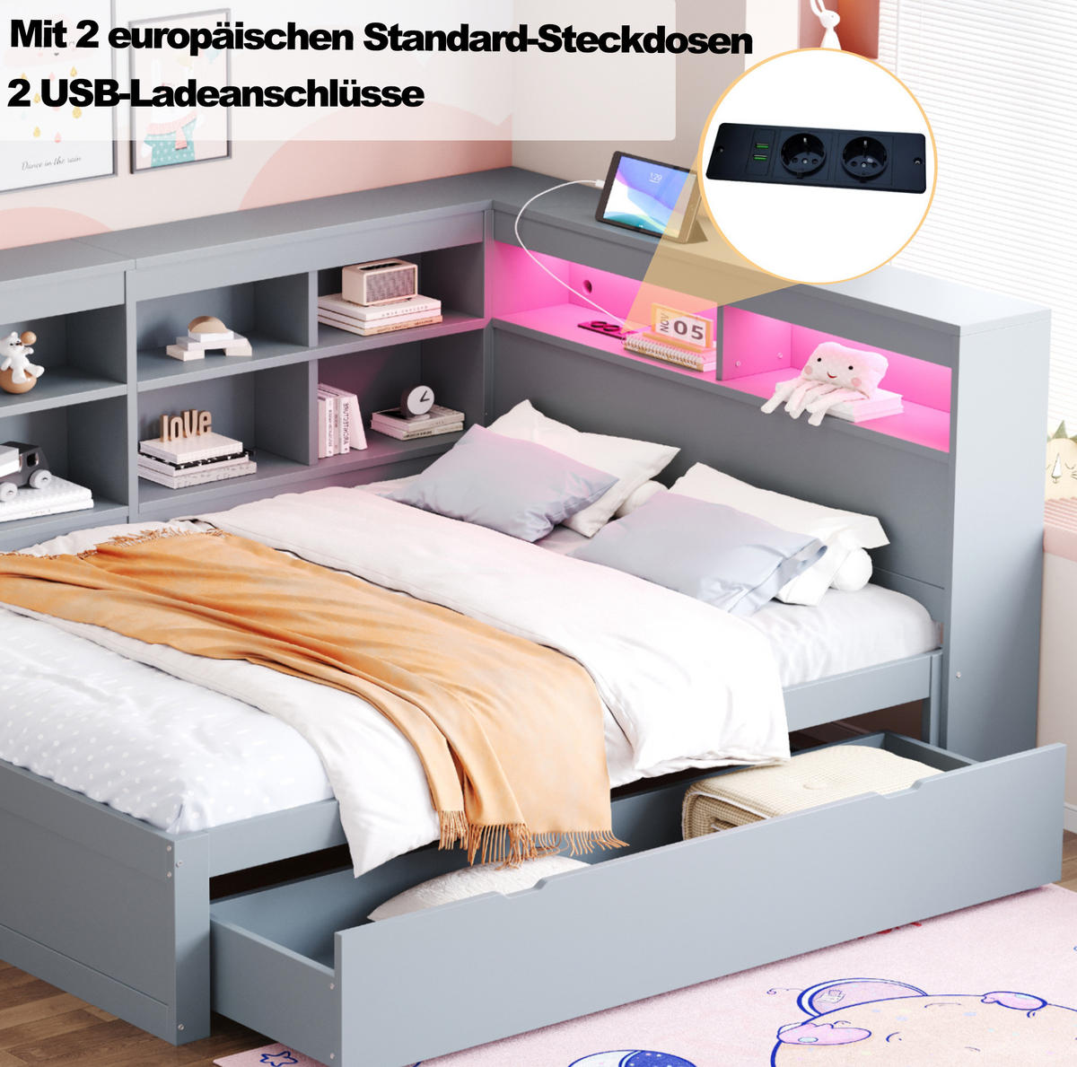 RAHMENBETT LED-Massivholzsofa 140/200 cm Grau mit Stauraum USB-Anschluss - Grau, Holz (140/200cm) - OKWISH