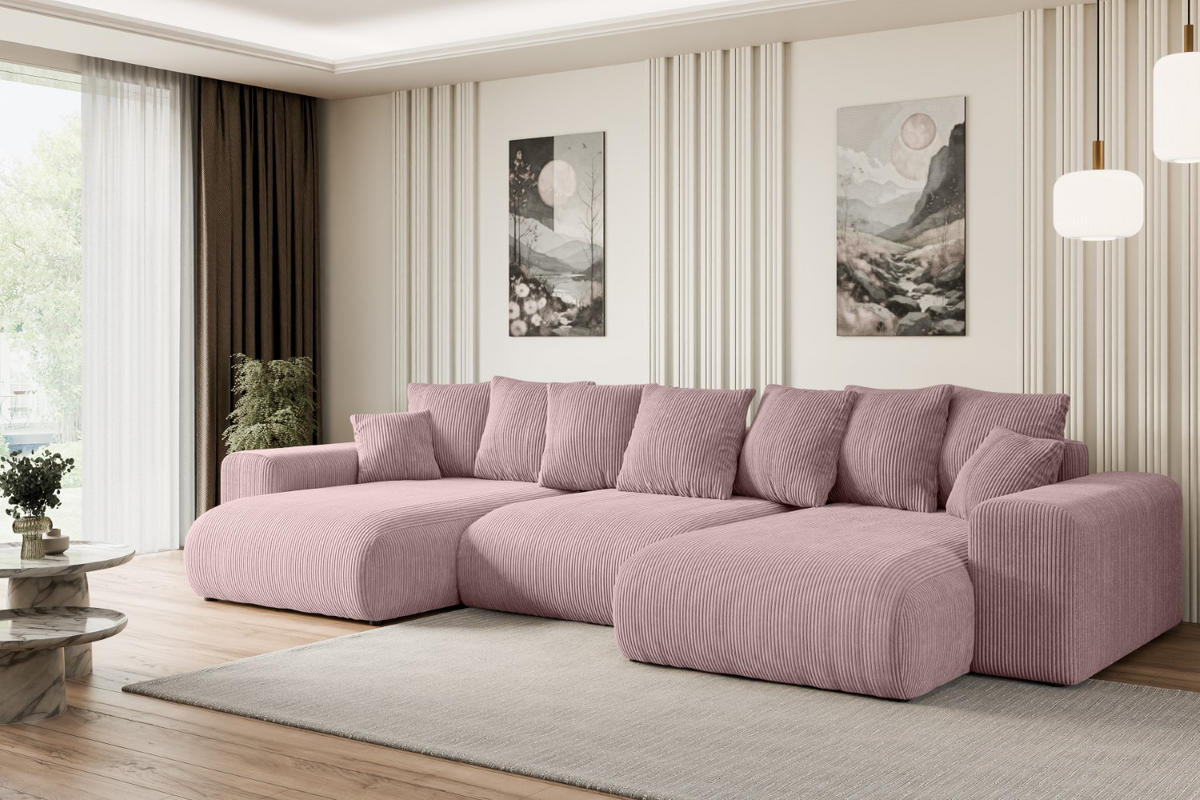 WOHNLANDSCHAFT mit Schlaffunktion und Bettkasten ESKAR-U -352x165x84cm Rosa Cord - Schwarz/Rosa, Holzwerkstoff/Kunststoff (352/84/165cm) - ALTDECOR