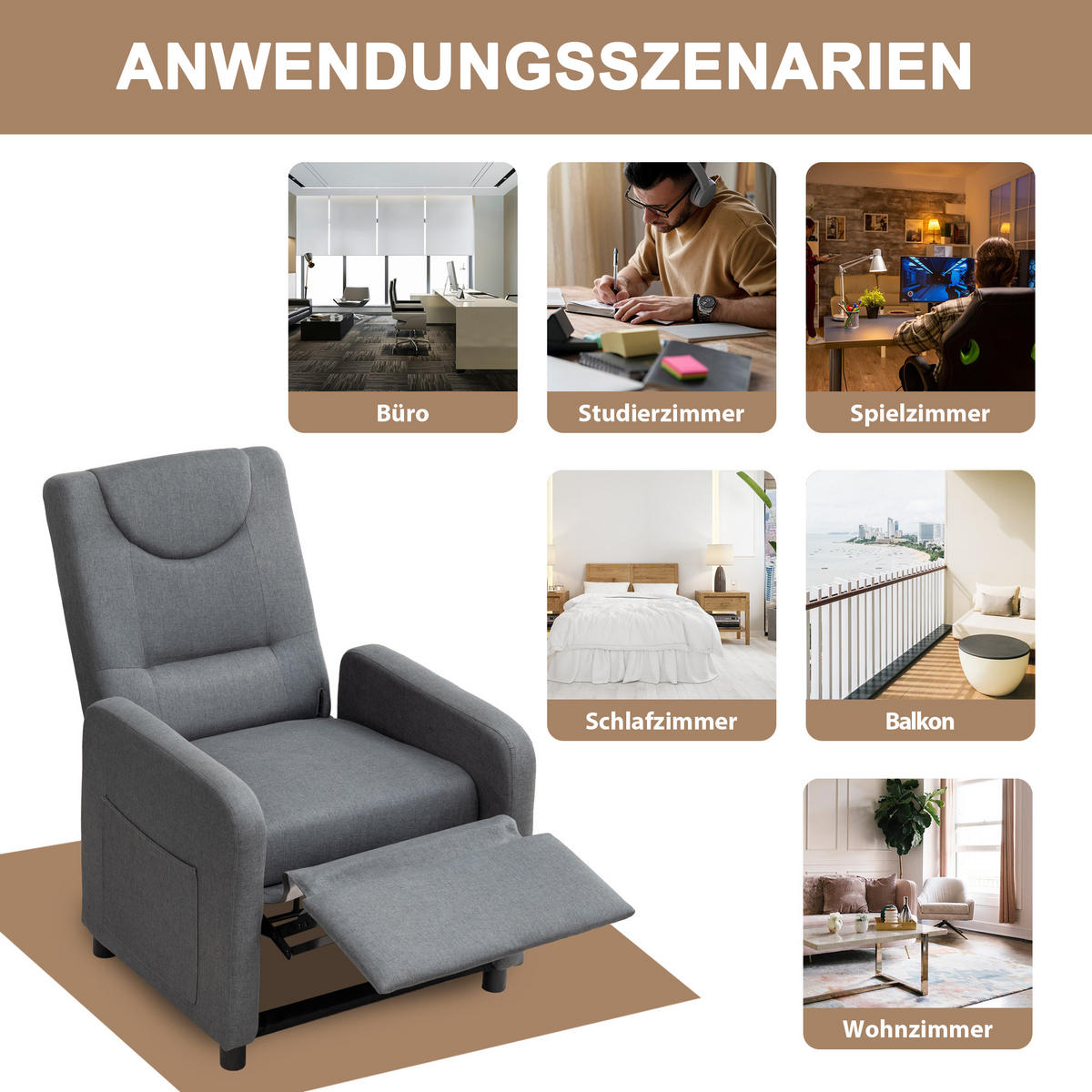 RELAXSESSEL Leinen mit verstellbarer Rückenlehne, Fußstütze 76,5/67,5/95,5 cm Dunkelgrau - Grau, Kunststoff (67.5/95.5/76.5cm) - Redom