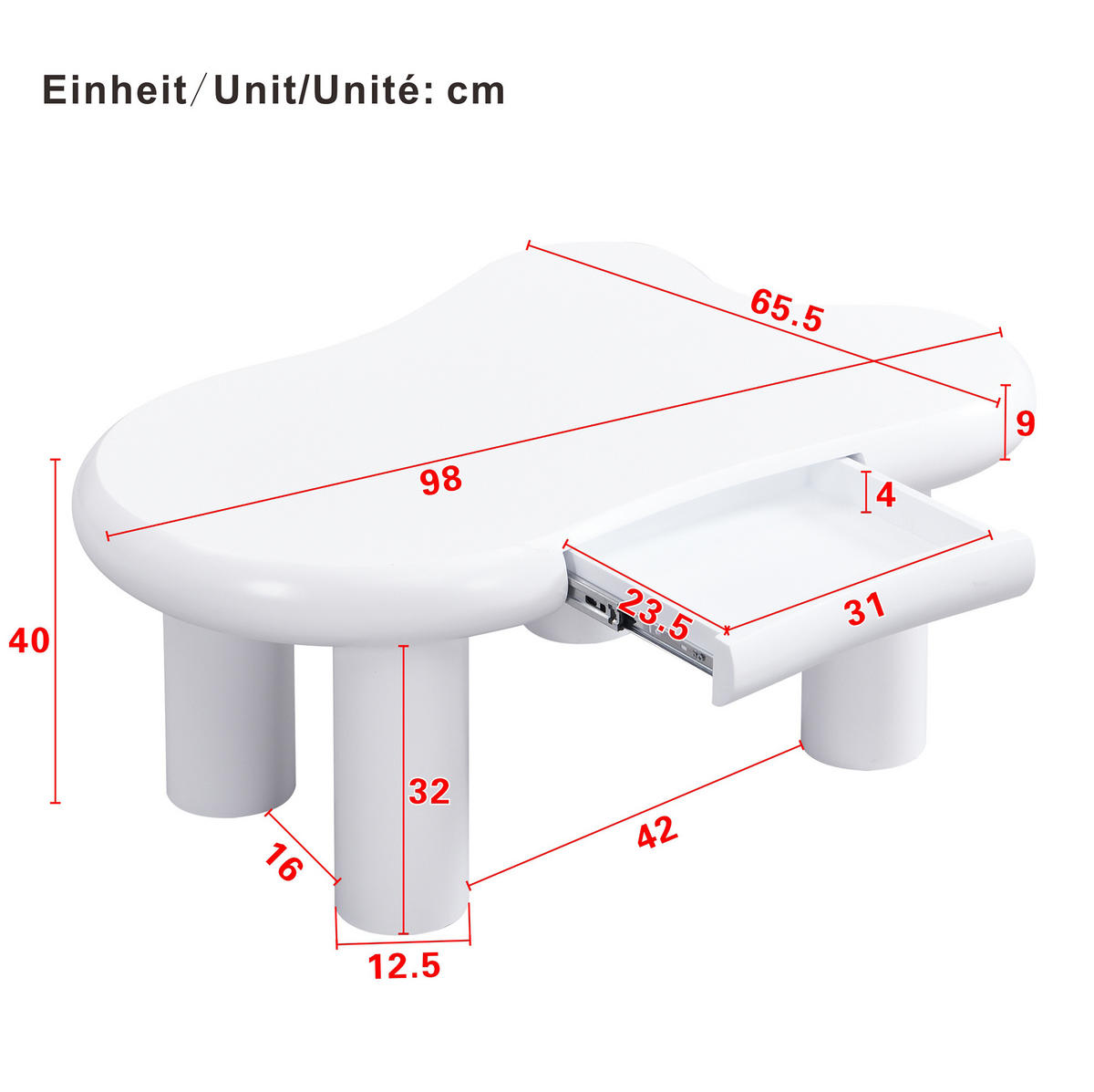 KONFERENČNÍ stolek z MDF, 98/65,5/40 cm bílý, s LED osvětlením a zásuvkou - bílá, kompozitní dřevo (98/65.5/40cm) - BEAOK