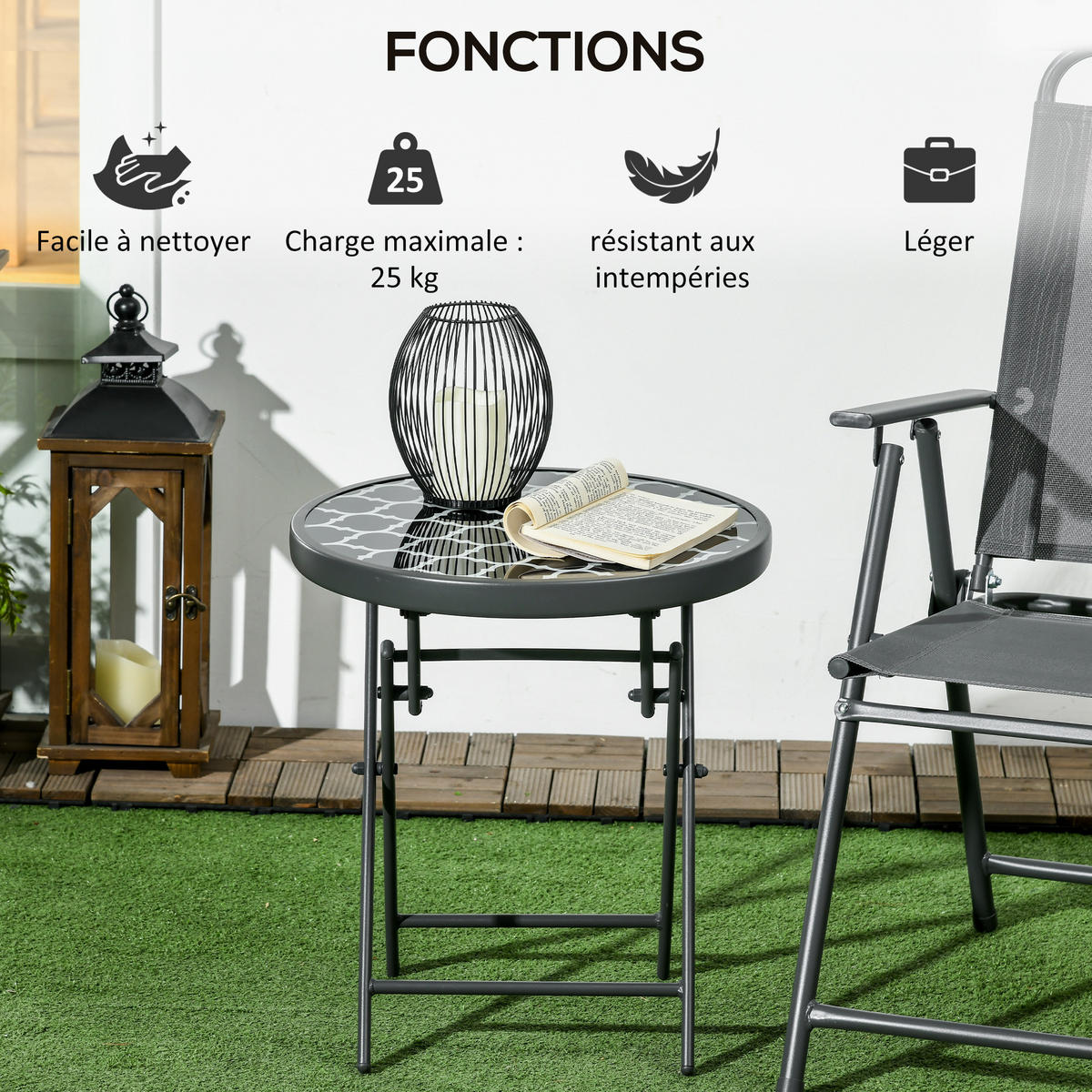 GARTENBEISTELLTISCH DE-14223 klappbar, mit Motivglas Schwarz - Schwarz, Metall (45/45/50cm) - ComfortXL