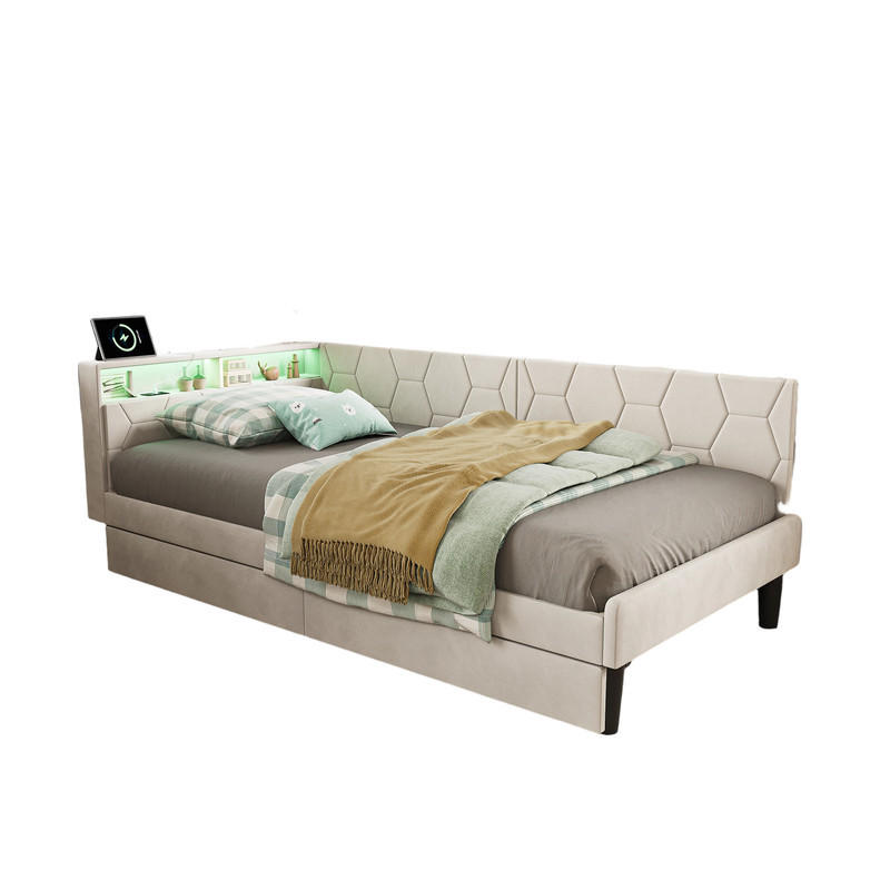 POLSTERBETT beige 90x200 velours schubladen - Beige, Metall - SHOPENTRA