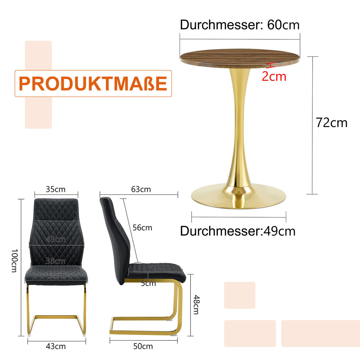 TISCH- UND STUHLSET 3-tlg. 60 cm Walnussoptik Schwarz/Gold - Multicolor, Metall (60/72/60cm) - Meubliv