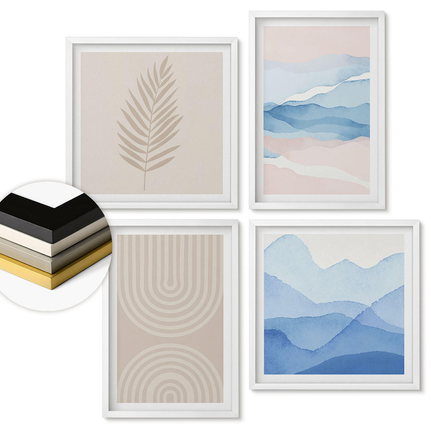 WANDBILDER 4er-Set - 50x50 cm & 40x60 cm Weißer Rahmen - Blätterwellen beige blau - Weiß, Kunststoff (50/50cm) - ArtPrintCave