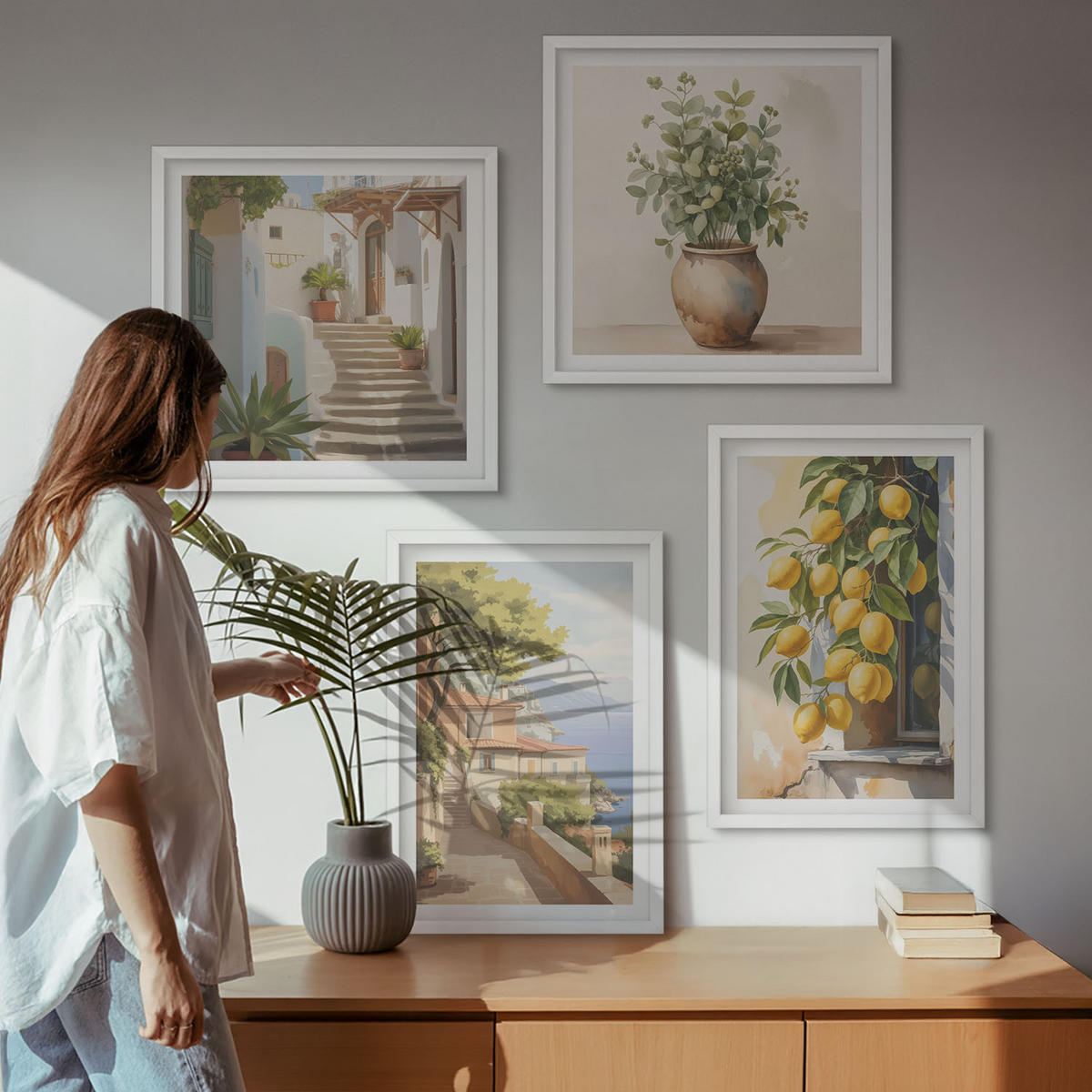 WANDBILDER 4er-Set - 50x50 cm & 40x60 cm Weißer Rahmen - Blumen in einer Vase, ein Meer aus Zitronen - Weiß, Kunststoff (50/50cm) - ArtPrintCave