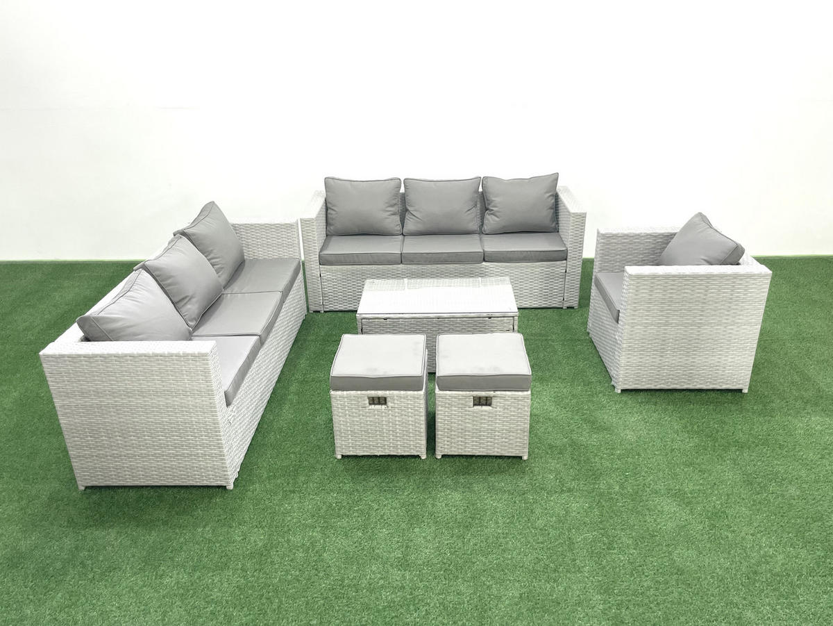 GARTENGARNITUR mit 3-SITZER SOFA,COUCHTISCH Polyrattan Hellgrau-Mix 9-Sitzer - Hellgrau/Grau, Glas/Kunststoff - Fimous