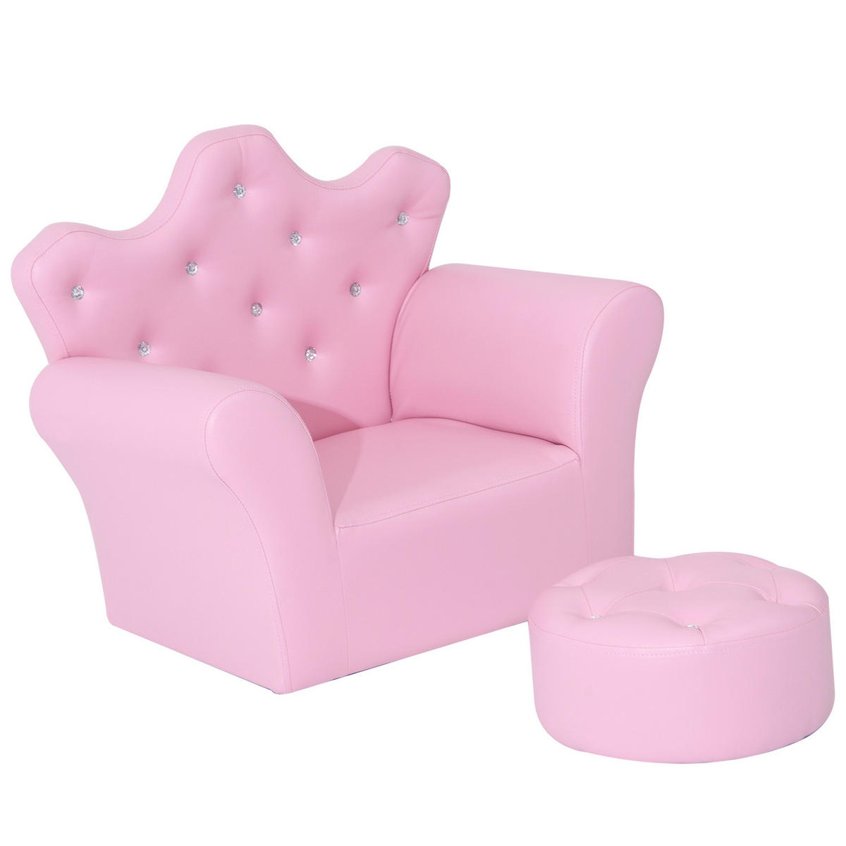 KINDERSOFA DE-10384 mit Ottomane & Kristallknöpfen Rosa - Pink, Holzwerkstoff (405/49/58cm) - ComfortXL
