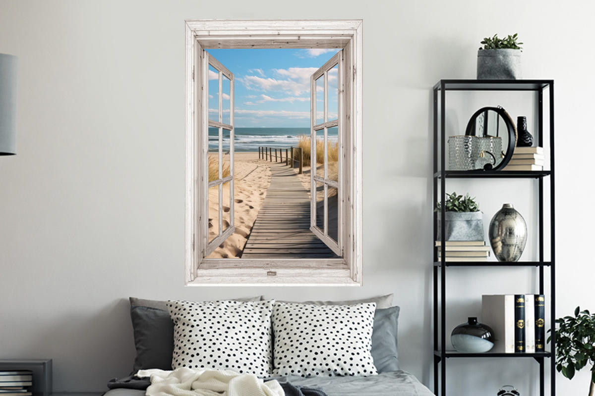 WANDTATTOO Fenster - Meer - Küste - Natur - Ausblick - Strand - Wattenmeer 80x120 cm - Beige, Kunststoff (80/120/0.1cm) - MuchoWow