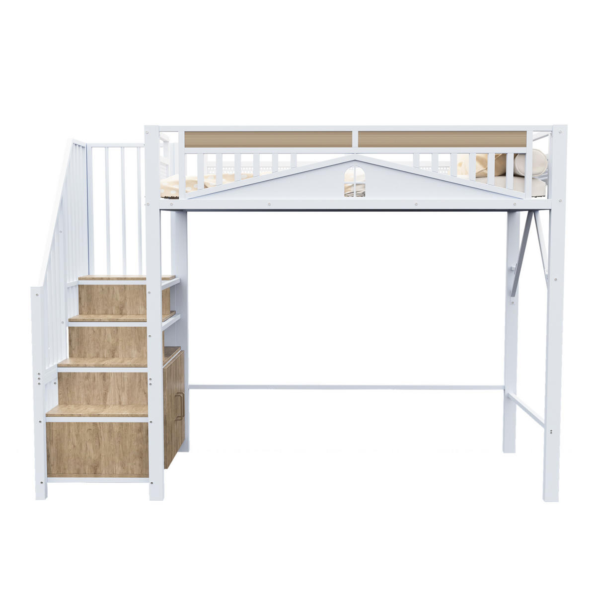 HOCHBETT 90/200 cm aus Metall und Holz mit Stauraumtreppe und Sicherheitszaun Weiß - Weiß, Metall (90/200cm) - Modenvie