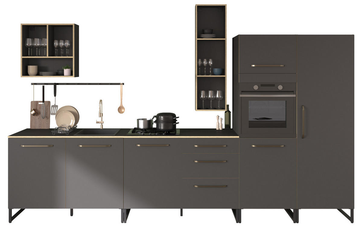 EINBAUKÜCHE grau, Eiche, Küchenzeile Set 6-teilig 360 cm mit viel Stauraum - Eichefarben/Grau, Holzwerkstoff (360/196/60cm) - Parisot Meuble