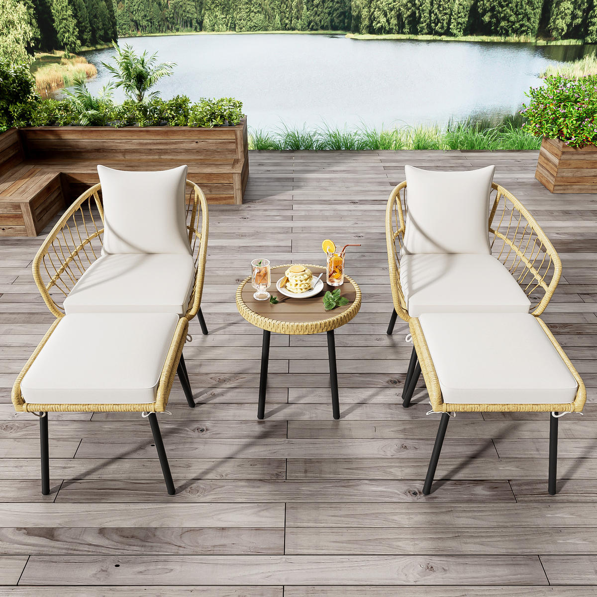 GARTENSET 5 tlg Rattan Natur - Weiß, Naturmaterialien - LEBENLANG