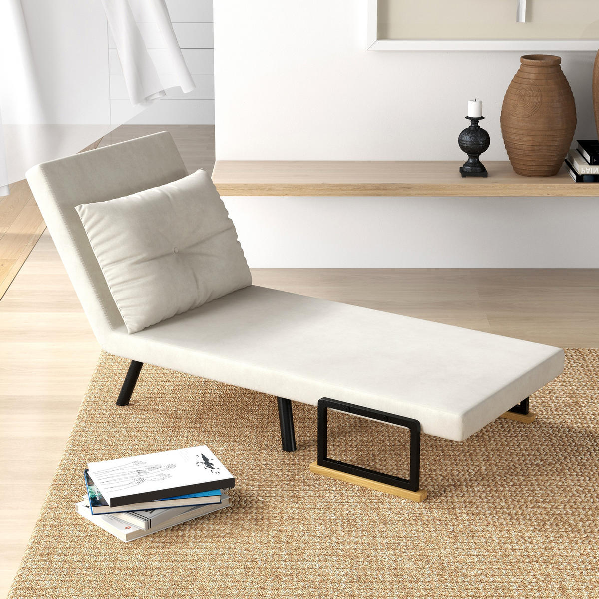 SCHLAFSESSEL, Einzelsofa mit Bettfunktion, Relaxsessel mit Rückenkissen Creme - Creme/Schwarz, Holz/Textil (63/81/73cm) - HOMCOM