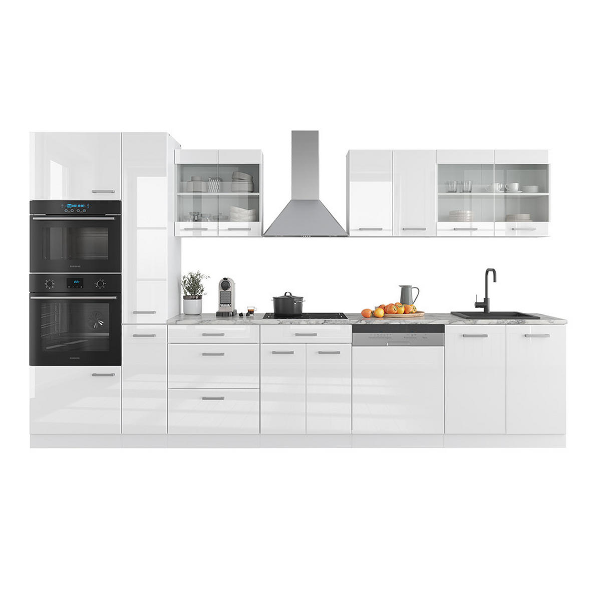 KÜCHENZEILE R-Line Weiß Hochglanz/Weiß 350 cm mit Hochschrank, ohne AP - Weiß Hochglanz/Weiß, Holzwerkstoff (350/81.6/46cm) - Vicco