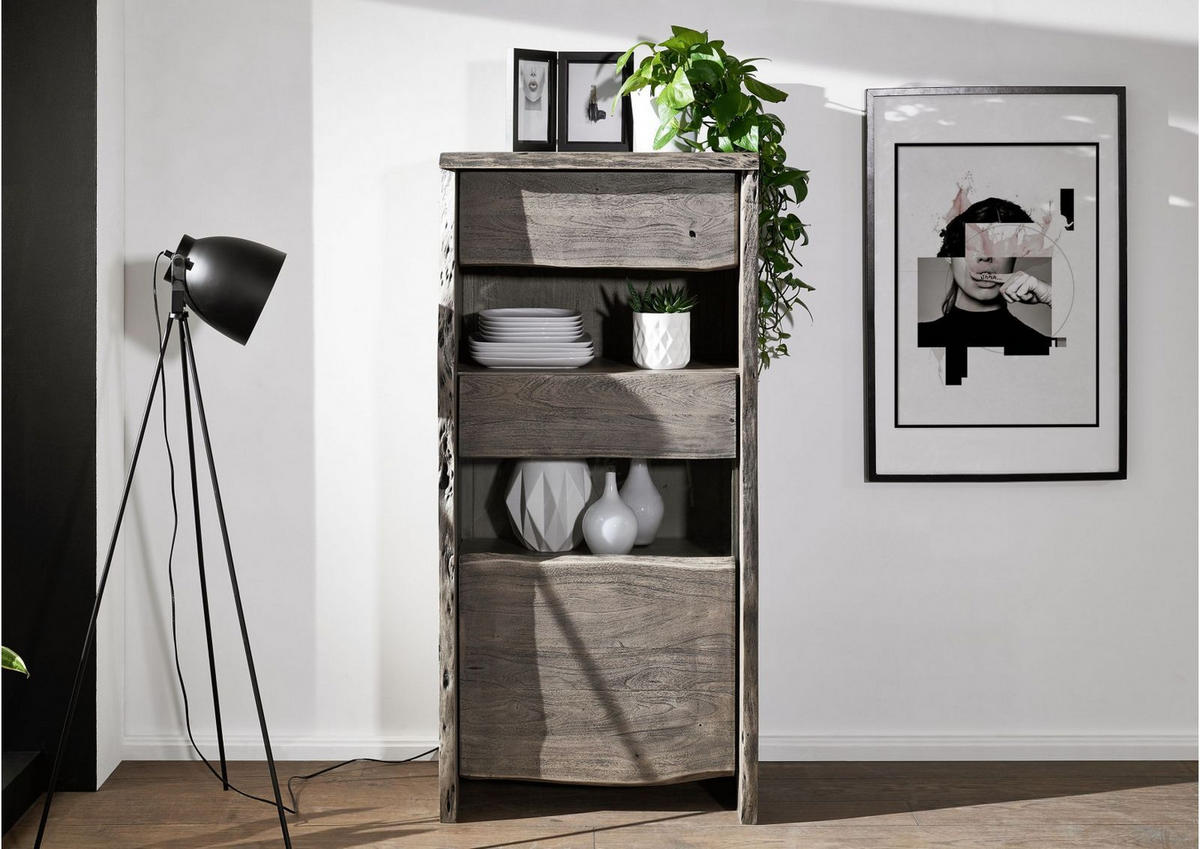 VITRINE Akazie 71x45x147 grau lackiert PURE ACACIA #405 - Grau, Holz (71/147/45cm) - Massivmoebel24