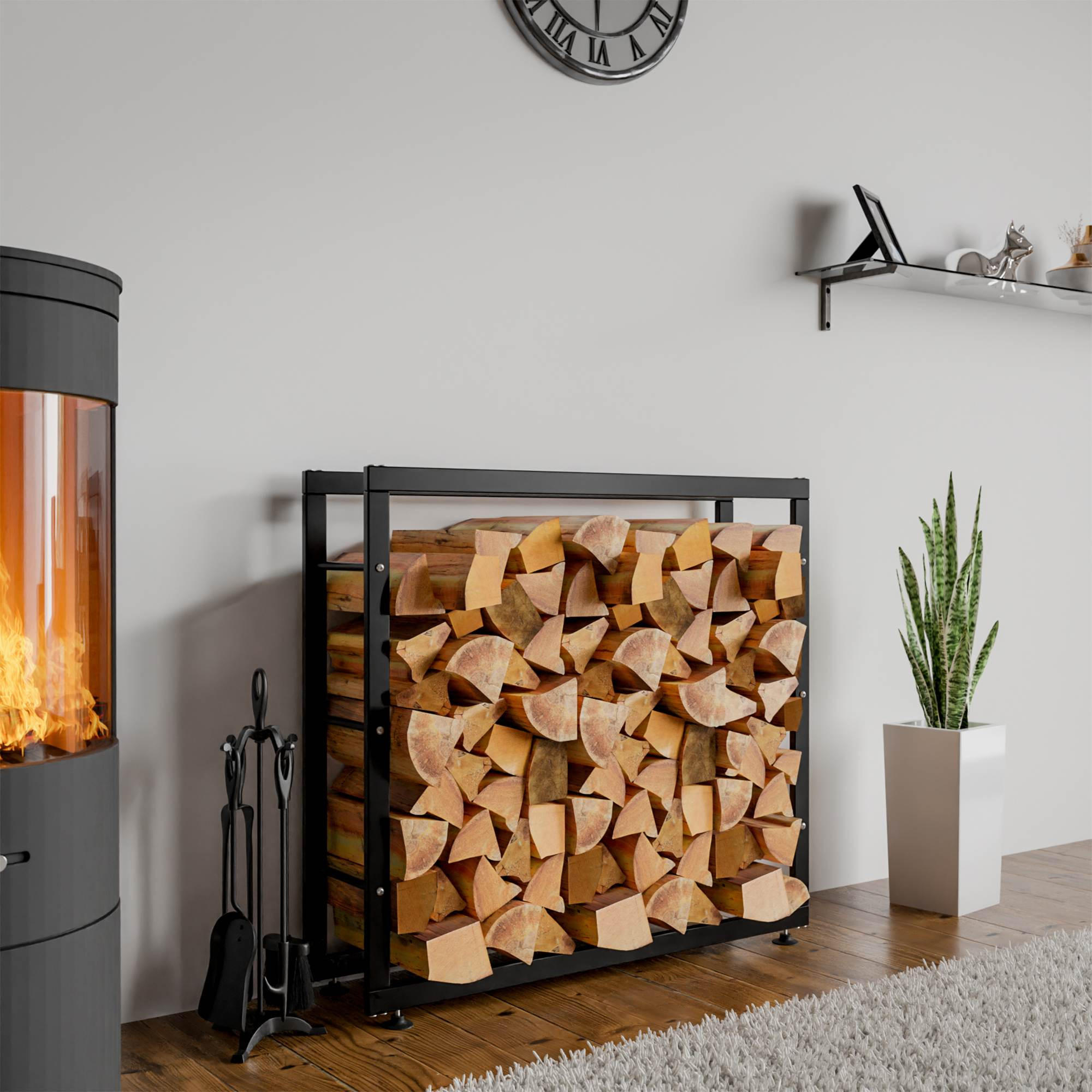 DELUKE KAMINHOLZREGAL Schwarz 100cm × 25cm × 80cm