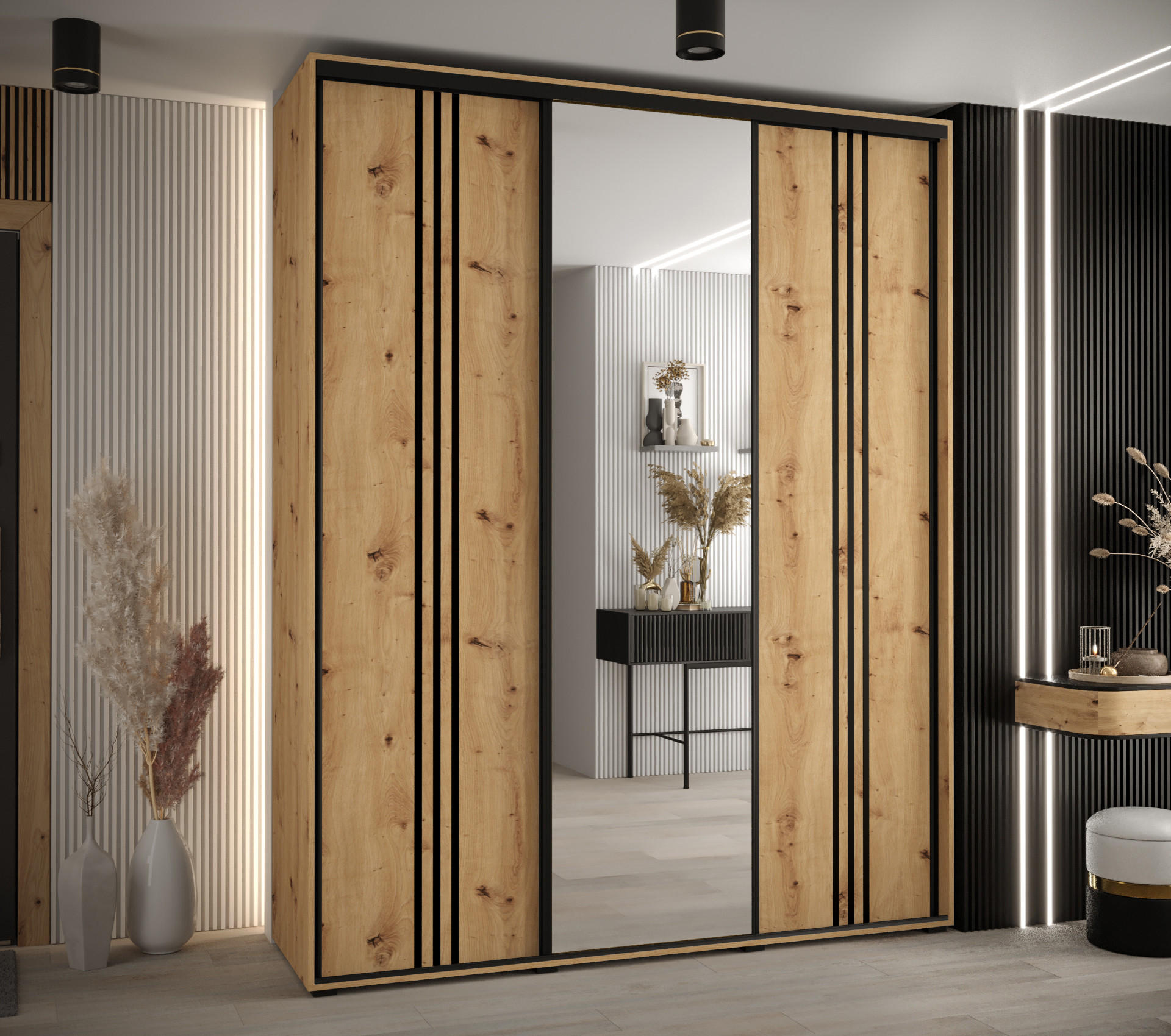 SCHWEBETÜRENSCHRANK 235,2/200/45 3-türig - Schwarz/Eiche Artisan, Holz/Metall (200/235/45cm) - Abiks Möbel