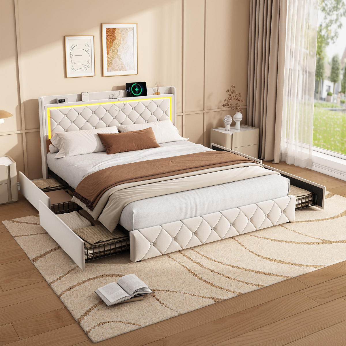 POLSTERBETT 160x200cm Funktionsbett mit LED-Beleuchtung und Stauraum – Samt Beige - Beige, Textil (160/200cm) - DELFA